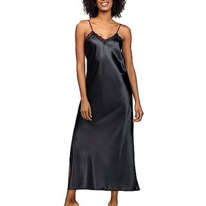 DKaren Nachtjurk Lang Abeni S - Satijn Nachthemd Met Kant aan de Hals - Onderjurk Dames - Negligé Satijn Zwart, Zwart, S