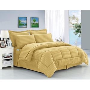 Elegant Comfort Rimpelbestendig - Zijdezachte Dobby Streep Bed-in-a-Bag 8-delige Dekbedset -Hypoallergeen - King Gold
