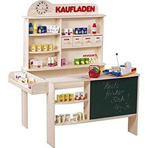 roba Houten kruidenierswinkel voor kinderen, winkel, verkoop, stand met 4 laden, klok, tafel, toonbank & side barkast, wit en naturel.