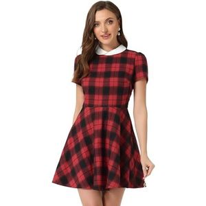 Allegra K Halloween kostuum voor dames, Peter Pan kraag, pofkraag, korte mouwen, A-lijn tartan jurk, Rood, 30