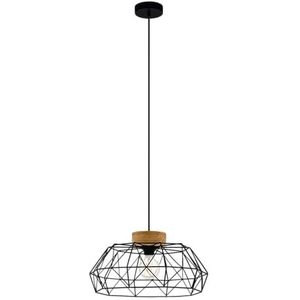 EGLO Padstow hanglamp, vintage, industrieel, retro, pendellamp van staal en hout in zwart, natuurlijke kleurenel, eettafellamp, FSC gecertificeerd, E27 fitting