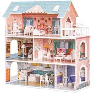 ROBOTIME Houten poppenhuis met meubels en accessoires, poppenhuis voor meisjes, speelkamer, speelgoed voor kinderen, cadeau voor meisjes en jongens