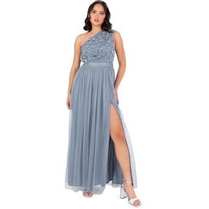 Maya Deluxe Dames maxi-jurk voor dames, één schouder mouwloos bloemen pailletten versierde sash riem tule A-lijn Split Bridesmeiid, poederblauw, maat 50, Blauw (Dusty Blue), 48