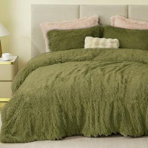 Sacebeleu Winterbeddengoed, 135 x 200 cm, pluche, langhaar, wollig, flanel, flanel, dekbedovertrek, avocado, groen, winterbeddengoed, warm dekbedovertrek en 1 kussensloop 80 x 80 cm met ritssluiting