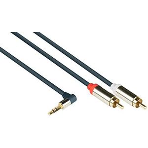 Good Connections GC-M0067 audio aansluitkabel hoge kwaliteit 3,5 mm, jack stekker rechts gehoekt op 2x RCA (Cinch) stekker, OFC, volledig metalen behuizing, 5m donkerblauw