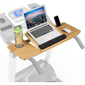 Relaxdays laptopstandaard loopband, verstelbaar, met riemen, houder voor telefoon en kopje, bamboe, laptoptafel, natuur