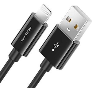 deleyCON 1m Lightning 8-Pins USB Oplaadkabel Datakabel MFI Gecertificeerd voor Apple iPhone 14 Pro Max 14 Pro 14 Plus 14 SE 13 Pro Max 13 Pro 13 Mini 12 Pro Max 12 Pro 12 Mini - Zwart