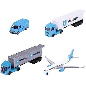 Majorette - Maersk transportvoertuig: 1 modelauto van metaal (Volvo containervrachtwagen, man truck of Volkswagen Crafter met Airbus A350-900), willekeurige selectie, speelgoed voor kinderen vanaf 3