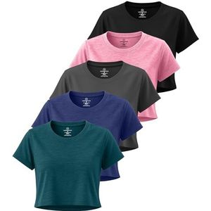 Real Essentials 5 Pack: Women's Dry Fit Crop Top - Short Sleeve Crew Neck Stretch Athletic Tee (Available in Plus Size) - Set 4, L