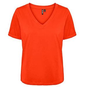 PIECES T-shirt met V-hals en korte mouwen, Tangerine Tango, XS