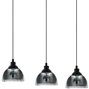 EGLO Beleser Hanglamp, 3-lichts hanglamp voor eettafel, hanglamp van metaal in zwart en rookglas in zwart-transparant, eetkamerlamp hangend, E27-fitting, 90,5 cm