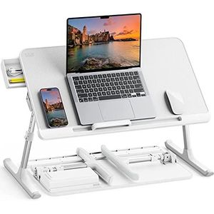 SAIJI Laptoptafel voor bed, verstelbare computertafel, laptoptafel met opberglade, inklapbare poten, rodelpoten, tafelblad van PVC-leer (wit)