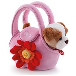 Trudi 29728 Fashion Pets pluche hond in tas ca. 19 cm, maat XS, hoogwaardige knuffeldierset met knusse draagtas voor de hond, pluche dier wasbaar, knuffeldier voor kinderen, bruin/roze