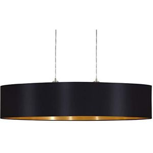 EGLO hanglamp MASERLO, 2 lichtbronnen textiel pendelarmatuur, ovalen hanglamp van staal en stof, kleur: nikkel mat, zwart, goud, fitting: E27, L: 100 cm