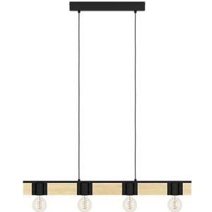 EGLO Hanglamp Bailrigg, 4-lichts pendellamp boven eettafel, FSC100HB, eettafellamp van zwart metaal en natuurlijk hout, lamp hangend voor woonkamer, E27 fitting, L 90 cm