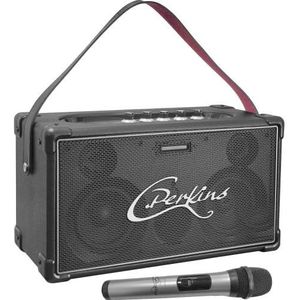 C.Perkins - NASHVILLE-SOUND - Draagbare Bluetooth Luidspreker op Oplaadbare Batterij - 1 UHF Mic - Bluetooth, USB, MicroSD, AUX, Microfoon en Gitaaringang - Houten Behuizing - Kunstleer