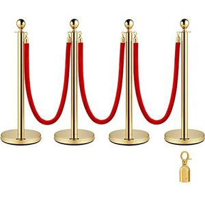VEVOR Roestvrij stalen afsluitpalen touw afbakeningsstandaard kogelkop 3 rode fluwelen touwen gouden zuil 4 pack Crowd Control Barriers goud