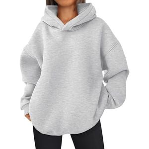 EFAN Dames oversized hoodies fleece capuchon sweatshirts casual lange mouw trui losse lichtgewicht herfst kleding, Grijs, S