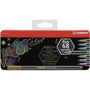Premium Metallic Viltstift - STABILO Pen 68 metallic - metalen etui met 8 stuks met ophanglus - met 8 verschillende metallic kleuren