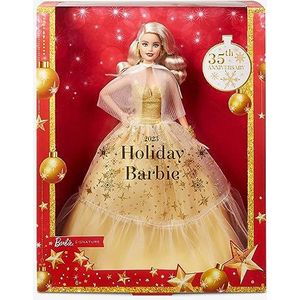 Feestelijke Barbie Pop 2023, seizoensgebonden cadeau voor verzamelaars, Barbie Signature, goudkleurige japon en prachtige vensterverpakking, blond haar HJX08