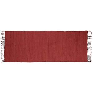 Relaxdays vloerkleed laagpolig, antislip onderkant, met franjes, effen, van katoen, BxD 80 x 200 cm, loper tapijt, rood