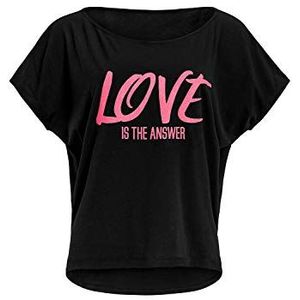 Winshape Dames ultra licht modal shirt met korte mouwen MCT002 met neon roze ""Love is The Answer"" glitteropdruk, dans-stijl, zwart-neon-roze glitter, XXL