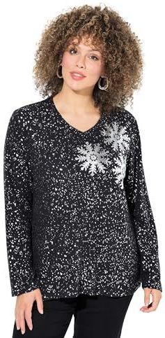 Ulla Popken - Haltertops - Zwart - V-hals - Lange Mouwen - Sneeuwvlokken