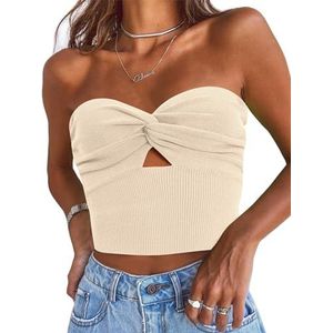 EFAN Womens Tube Tops Going Out Cut Twist Knot Front Bandeau Ribbed Knit Y2K Strapless Tank Bustier Corset Clothes Beige XS