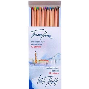 White Nights Russische aquarelpotloden, set met 12 potloden in kartonnen etui, op hout gemonteerde potloden met hoge kleurglans, zachte lijn, aquarel in water