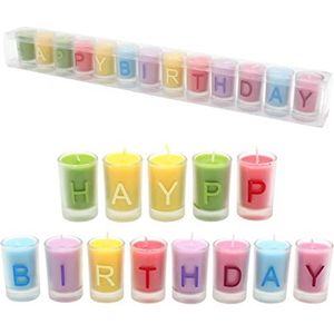 Dekohelden24 Kaarsen in glas - Happy Birthday - 13 afzonderlijke kaarsen in glas, grootte H/Ø: ca. 5 x 3 cm