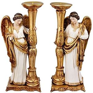 DRW Set van 2 theelichthouders engel staand wit en goud 48 cm hoog