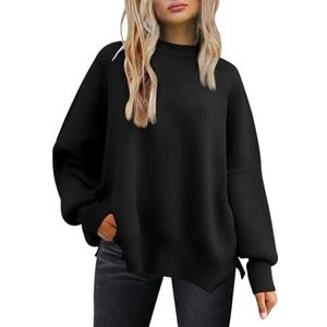 LILLUSORY Dames herfst ronde hals vleermuis lange mouwen pullover oversized rib gebreide kant split pullover top, Zwart, M