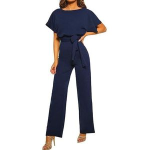 Coloody Jumpsuit voor dames, korte mouwen, eendelig pak, elegant, losvallend, casual met ceintuur, Blauw, XL