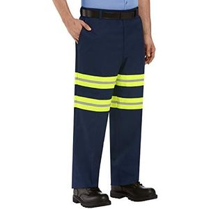 Red Kap Men's Stain Resistant Enhanced Flat Front Work Pants, Navy with Yellow/Green Visibility Trim, 42W x 34L