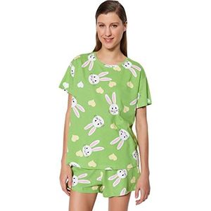 Trendyol Dames grafische gebreide T-shirt-korte pyjama set, groen, L, Groen, L