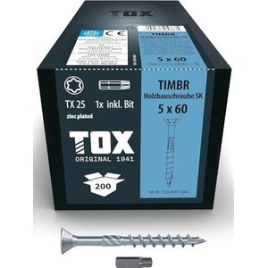 TOX Houtbouwschroeven TIMBR SK 5,0 x 60 mm, blauw verzinkt met verzonken kop, TX25, schroeven voor gemakkelijk indraaien en vlakke montage in houtbouw, 200 stuks in doos, incl. 1x bit, 112040415060