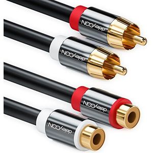 deleyCON 5m Cinch RCA Verlengkabel Stereo Audiokabel 2x Male naar 2x Female Vergulde Metalen Steckers Zwart