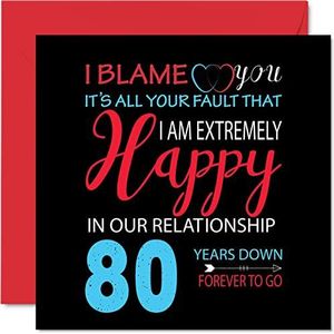 Grappige eiken verjaardagskaart voor echtgenoot vrouw - Your Fault I'm Extremely Happy - Happy 80th Wedding Anniversary Card voor Partner, 145 mm x 145 mm wenskaarten voor tachtigste jubilea