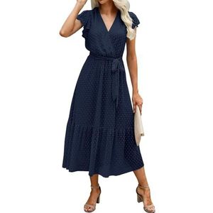 Adigaber Damesjurk, zomer, casual, lange jurk, ruches, korte mouwen, elegante jurk, V-hals, A-lijn met riem, maxi-jurk, Navy Blauw, L