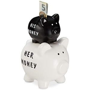 Relaxdays spaarvarken his & her money, 2 varkens, leuk cadeau voor koppels bruiloft, & leuke dubbele spaarpot, zwart/wit