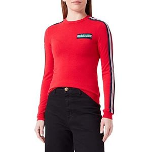 Love Moschino Dames Slim Fit Lange Mouwen Ronde Hals met Striped Tape On Sleeves en Patch Sweater Sweater, rood, 42