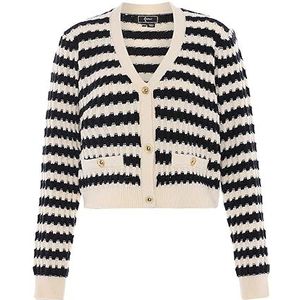 faina Dames gestreepte cardigan in kleine geurstijl met V-hals wolwit meerkleurig maat XL/XXL, wolwit zwart, XL