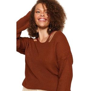 Trendyol Dames rechte lange mouwen regular sweater in plussize, bruin, XL Grote maten