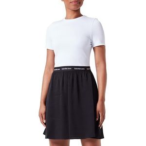 Calvin Klein Jeans Dames Logo Elastische Korte Mouw Jurk Fit & Flare, Helder Wit/Ck Zwart, XS