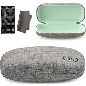 Vemiss Hard Shell Eyeglasses Cases, Linen Fabrics Protector Sunglasses Case, Large Glasses Case (Large Gray/Green+Pouch)