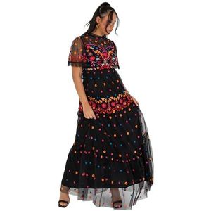 Maya Deluxe Maxi-jurk voor dames, korte mouwen, hoge hals, geborduurde ruches, ruches, tule A-lijn voor gelegenheid, avondbaljurk, Zwart, 48