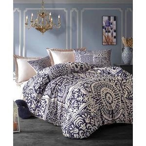 Nuit Des Rêves Double Quilt Cover Set (200 x 200 cm), Dark Blue & Cream, 100% Polyester MicroSatijn & Katoen 3D Print, Ritssluiting, Machine Wasbaar