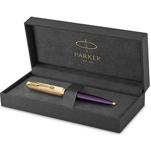 Parker 51 Deluxe balpen, pruimenlichaam en gouden attributen, middelgrote punt van 18 karaat goud, navulinkt zwart, levering in doos