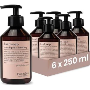 Jean & Len handzeep pioenroos & lychee, in set, reinigt de handen zacht, vloeibare zeep in pompdispenser, bloemige geur, zonder siliconen, veganistisch, 6 x 250 ml