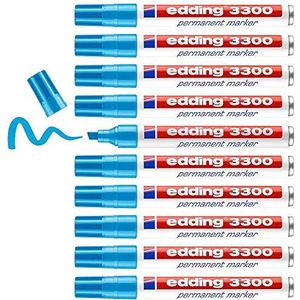 edding 3300 permanent marker - lichtblauw - 10 stiften - beitelpunt 1-5 mm - sneldrogende permanent marker - water- en wrijfvast - voor karton, kunststof, hout, metaal - universele marker